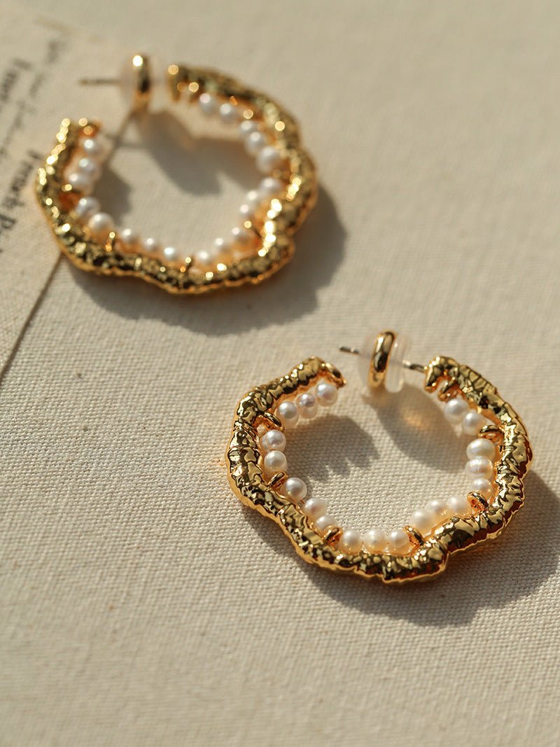 Textured Molten Metal C - Shaped Hoop Earrings with Freshwater Pearl Gemstones - floysun