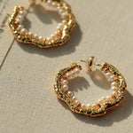 Textured Molten Metal C - Shaped Hoop Earrings with Freshwater Pearl Gemstones - floysun