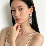 Textured Silver Vertical Stripe Shell Fringe Tassel Drop Earrings - floysun