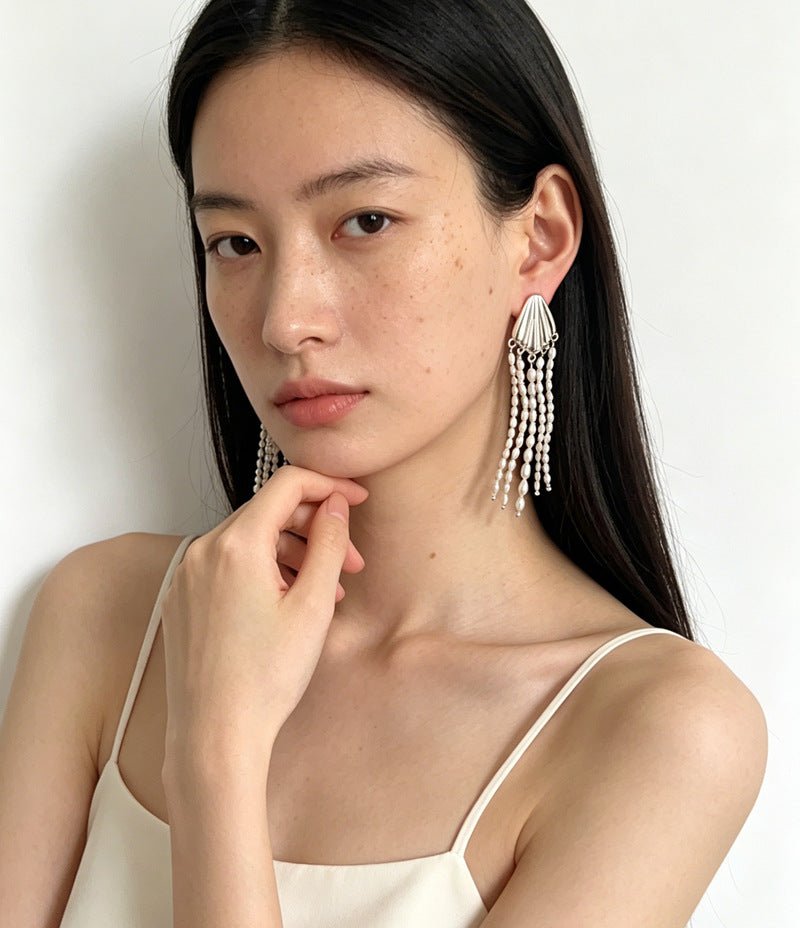 Textured Silver Vertical Stripe Shell Fringe Tassel Drop Earrings - floysun
