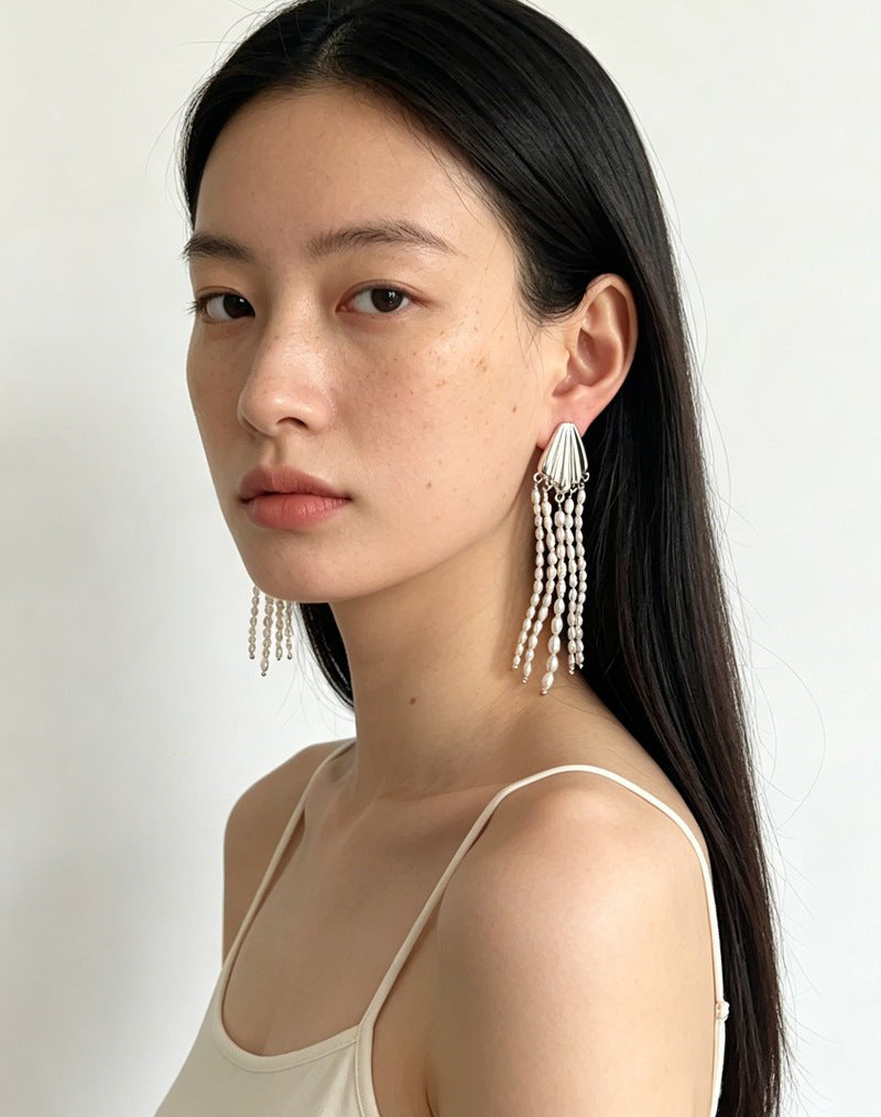 Textured Silver Vertical Stripe Shell Fringe Tassel Drop Earrings - floysun