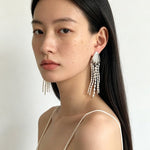 Textured Silver Vertical Stripe Shell Fringe Tassel Drop Earrings - floysun