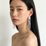 Textured Silver Vertical Stripe Shell Fringe Tassel Drop Earrings - floysun