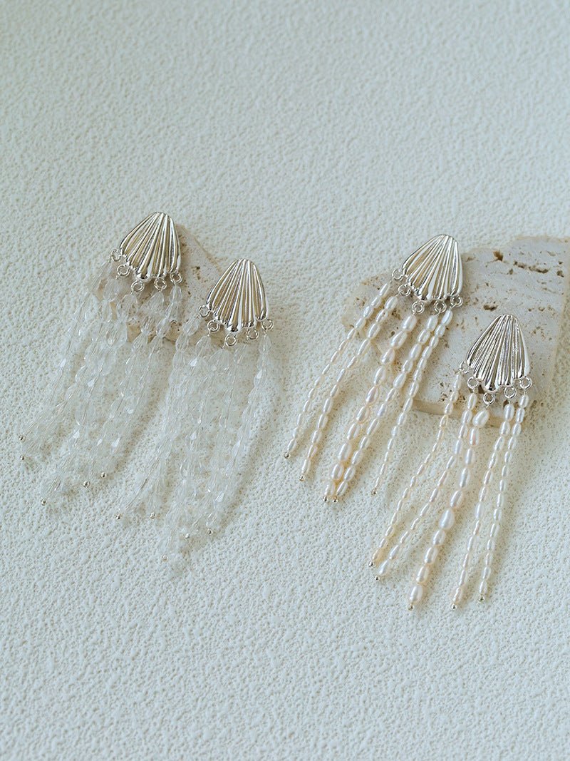 Textured Silver Vertical Stripe Shell Fringe Tassel Drop Earrings - floysun