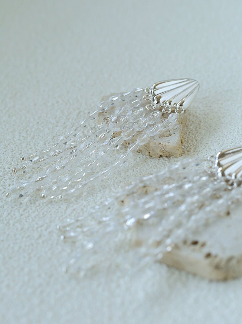 Textured Silver Vertical Stripe Shell Fringe Tassel Drop Earrings - floysun