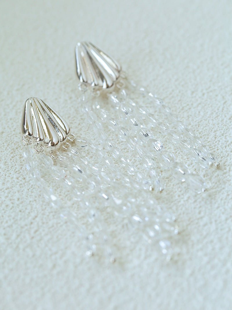 Textured Silver Vertical Stripe Shell Fringe Tassel Drop Earrings - floysun