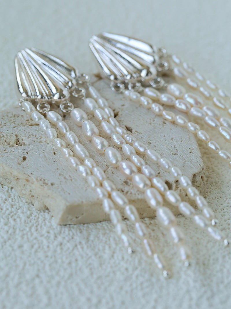 Textured Silver Vertical Stripe Shell Fringe Tassel Drop Earrings - floysun