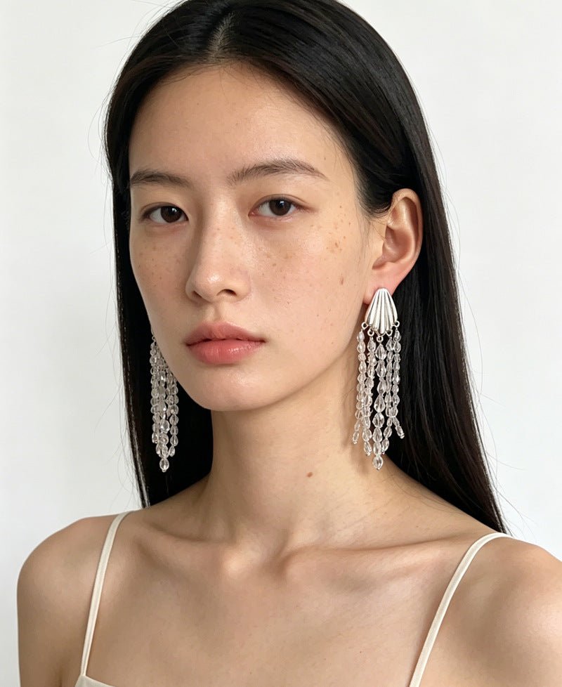 Textured Silver Vertical Stripe Shell Fringe Tassel Drop Earrings - floysun