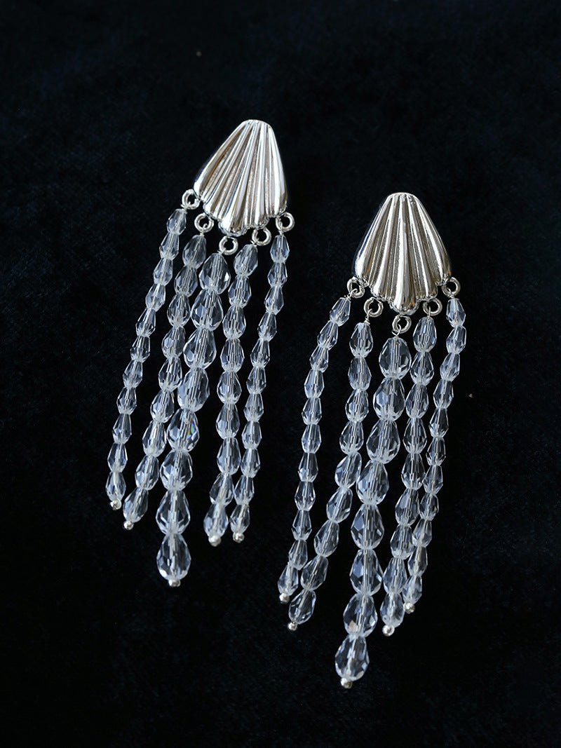 Textured Silver Vertical Stripe Shell Fringe Tassel Drop Earrings - floysun