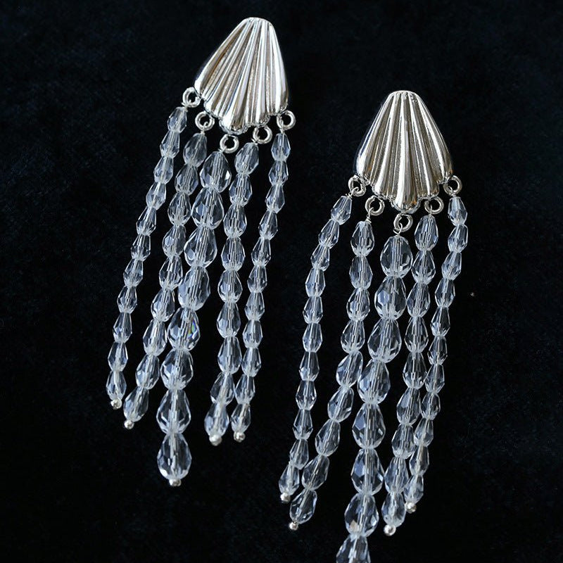 Textured Silver Vertical Stripe Shell Fringe Tassel Drop Earrings - floysun