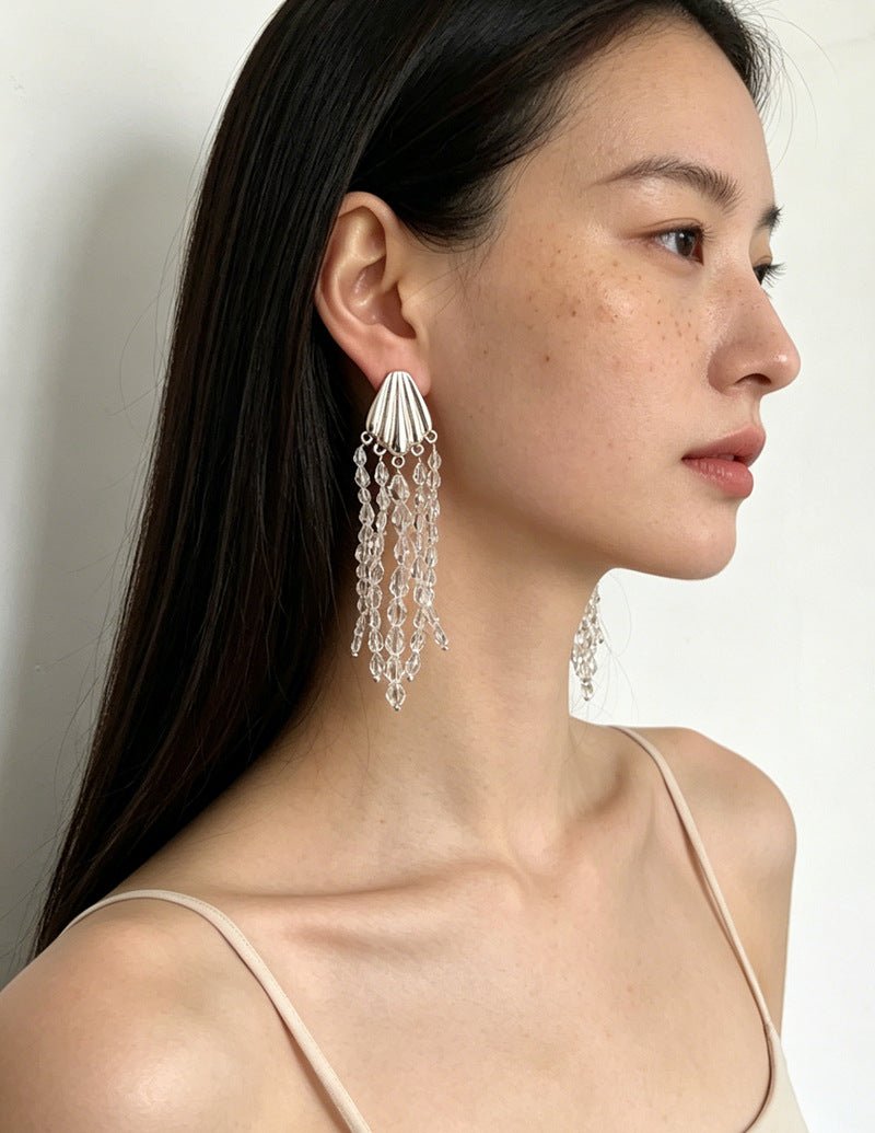 Textured Silver Vertical Stripe Shell Fringe Tassel Drop Earrings - floysun