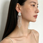 Textured Silver Vertical Stripe Shell Fringe Tassel Drop Earrings - floysun
