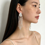 Textured Silver Vertical Stripe Shell Fringe Tassel Drop Earrings - floysun