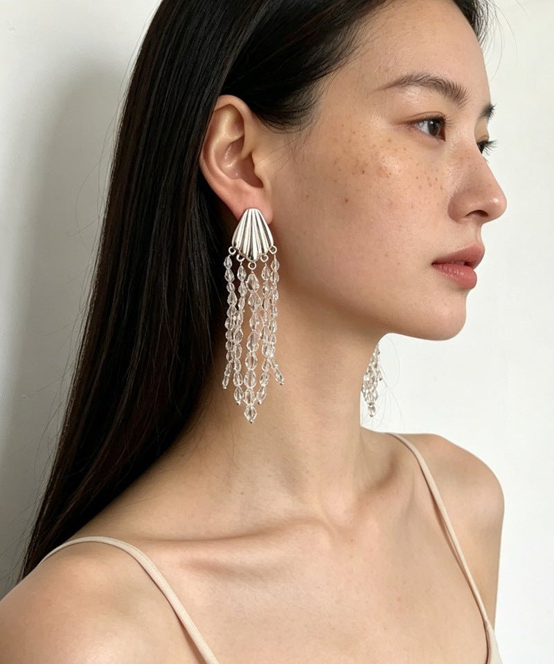 Textured Silver Vertical Stripe Shell Fringe Tassel Drop Earrings - floysun