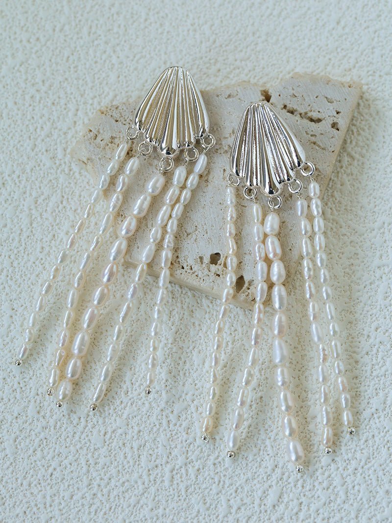 Textured Silver Vertical Stripe Shell Fringe Tassel Drop Earrings - floysun