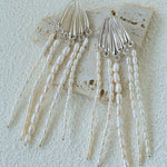 Textured Silver Vertical Stripe Shell Fringe Tassel Drop Earrings - floysun