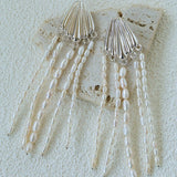 Textured Silver Vertical Stripe Shell Fringe Tassel Drop Earrings - floysun