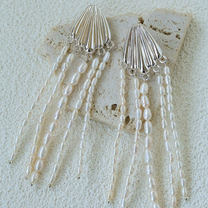 Textured Silver Vertical Stripe Shell Fringe Tassel Drop Earrings - floysun