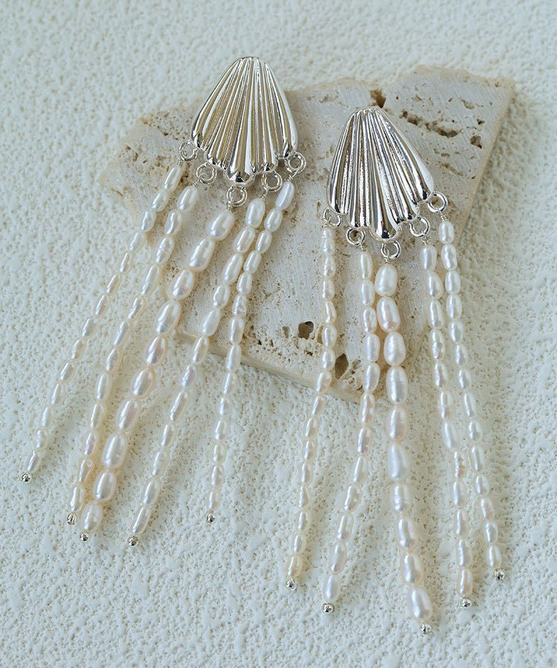 Textured Silver Vertical Stripe Shell Fringe Tassel Drop Earrings - floysun
