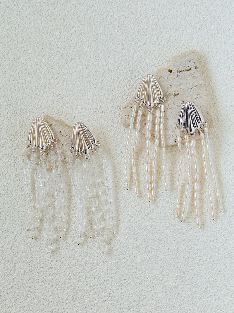 Textured Silver Vertical Stripe Shell Fringe Tassel Drop Earrings - floysun