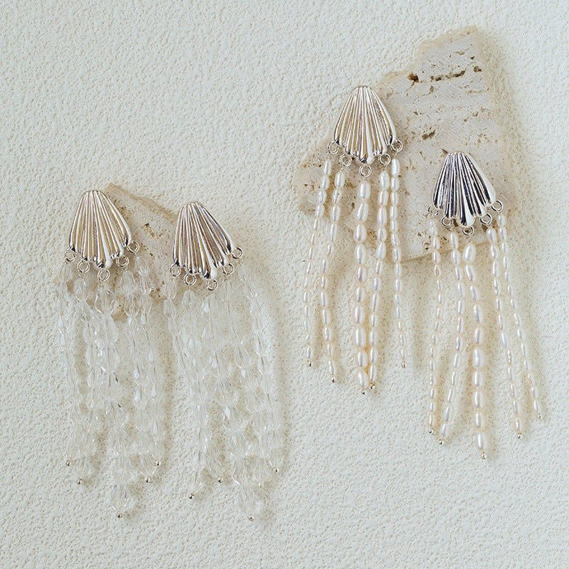 Textured Silver Vertical Stripe Shell Fringe Tassel Drop Earrings - floysun