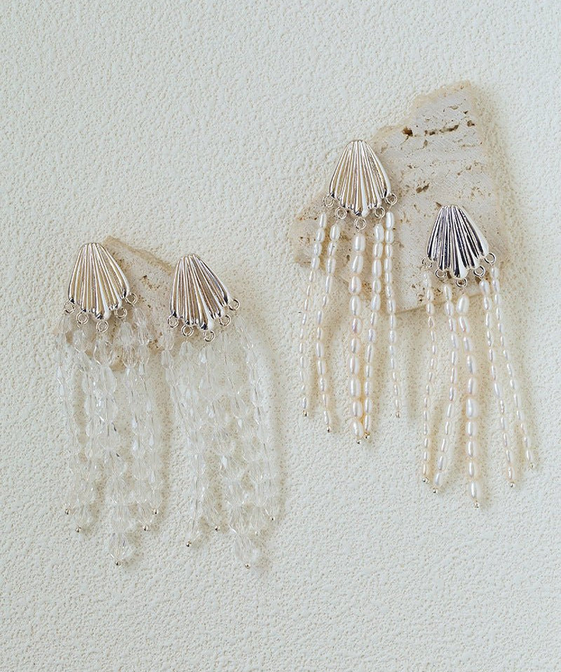Textured Silver Vertical Stripe Shell Fringe Tassel Drop Earrings - floysun