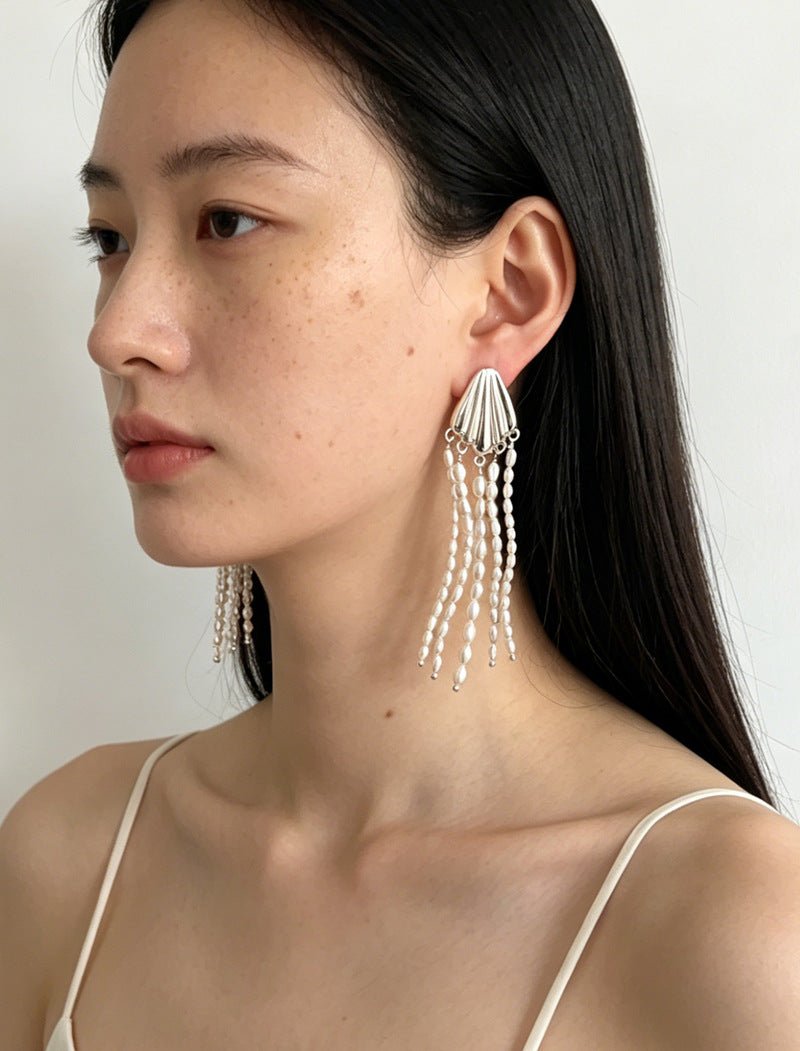 Textured Silver Vertical Stripe Shell Fringe Tassel Drop Earrings - floysun
