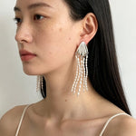 Textured Silver Vertical Stripe Shell Fringe Tassel Drop Earrings - floysun