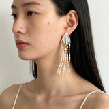 Textured Silver Vertical Stripe Shell Fringe Tassel Drop Earrings - floysun