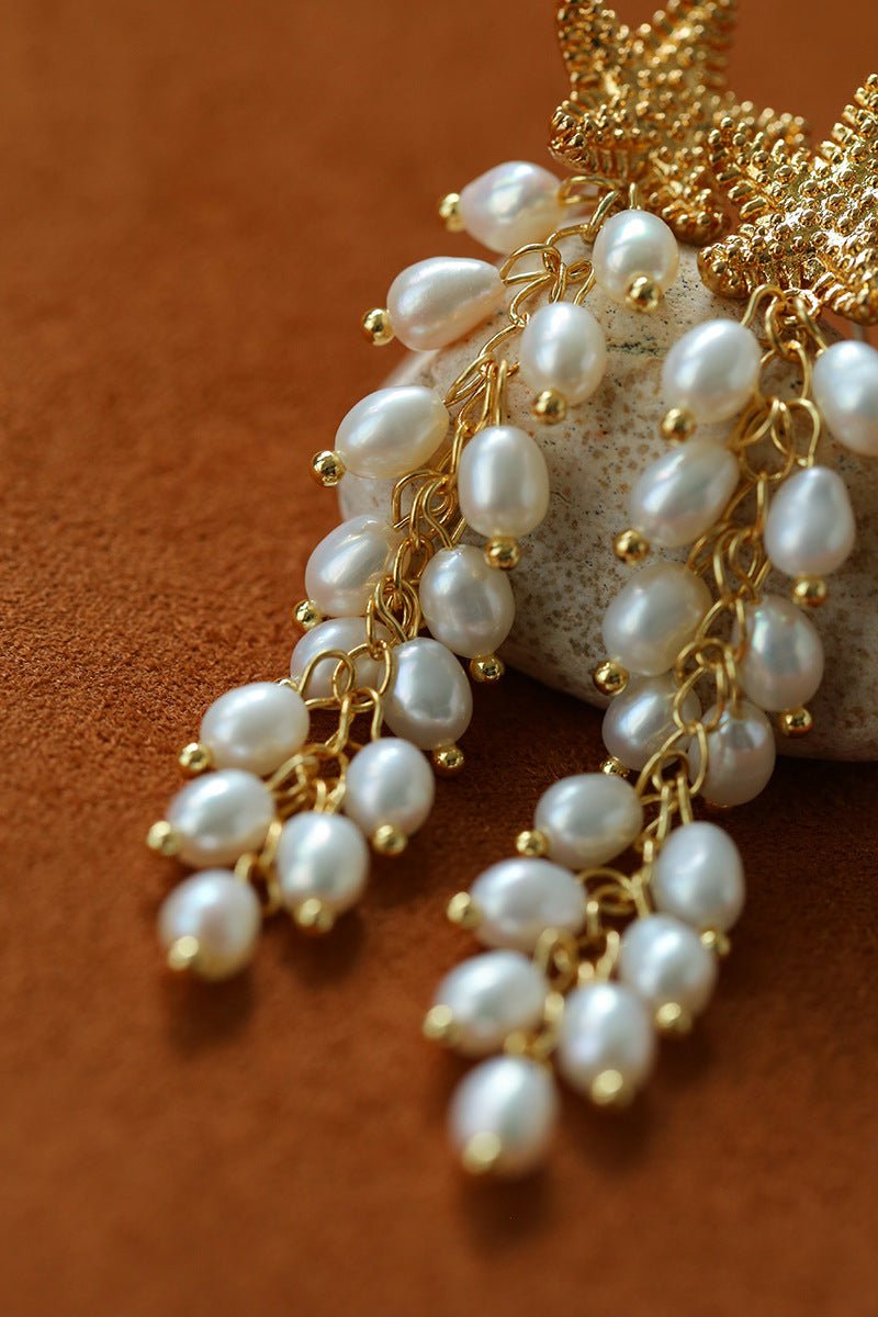 Textured Starfish Freshwater Pearl Tassel Earrings - floysun