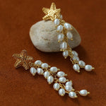 Textured Starfish Freshwater Pearl Tassel Earrings - floysun