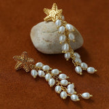 Textured Starfish Freshwater Pearl Tassel Earrings - floysun