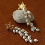 Textured Starfish Freshwater Pearl Tassel Earrings - floysun