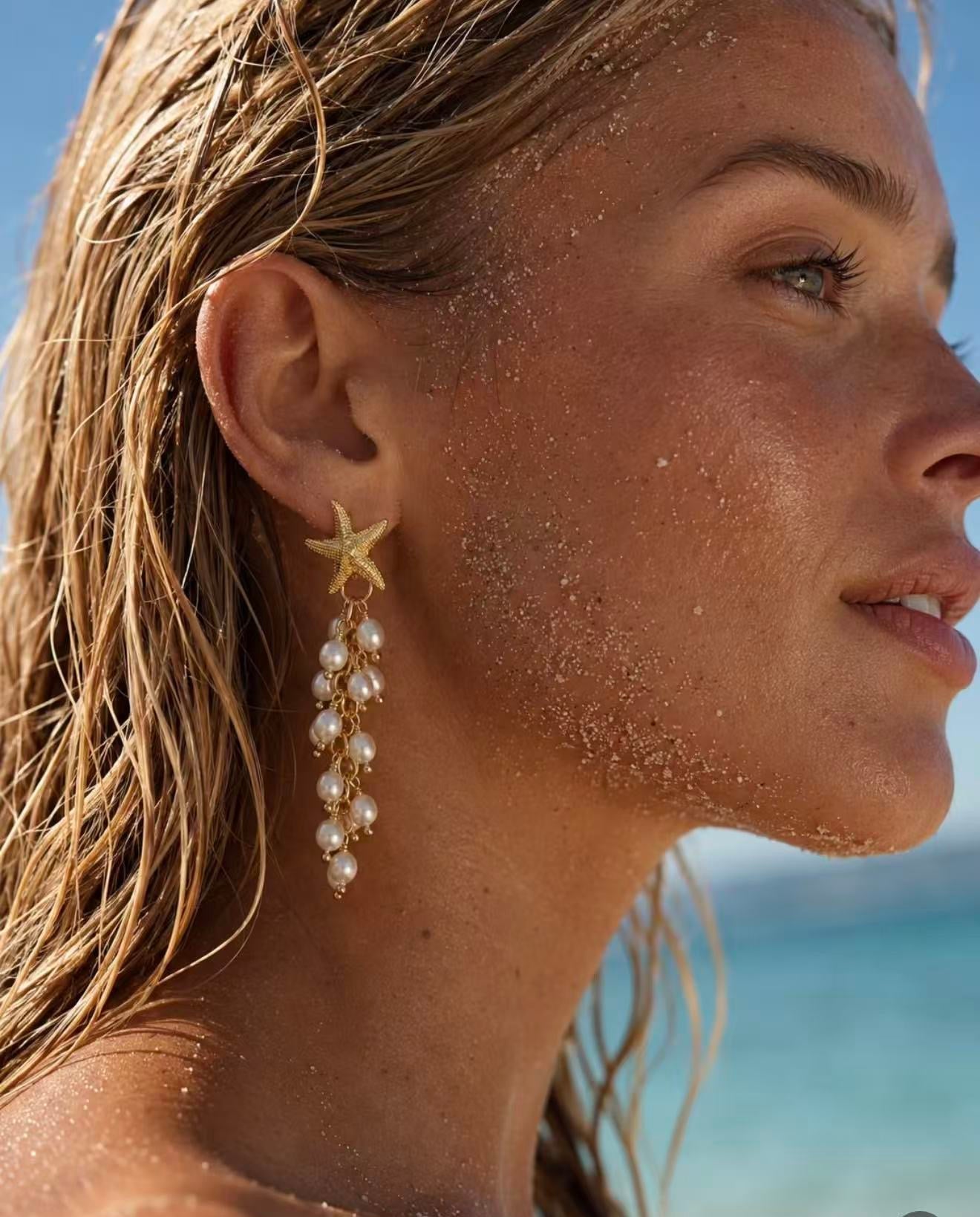 Textured Starfish Freshwater Pearl Tassel Earrings - floysun