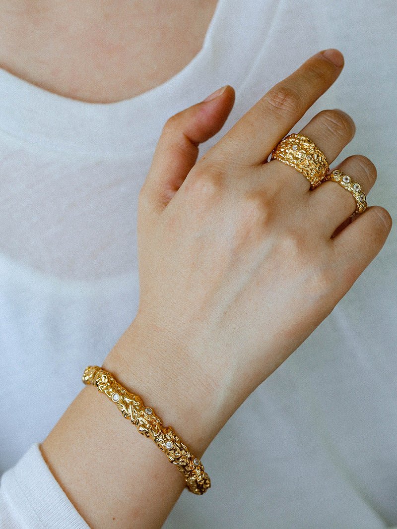 Textured Wrinkle Cubic Zirconia Open Ring - floysun