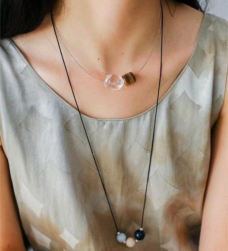 Three - Bead Natural Stone Long Black Cord Sliding Necklace - floysun