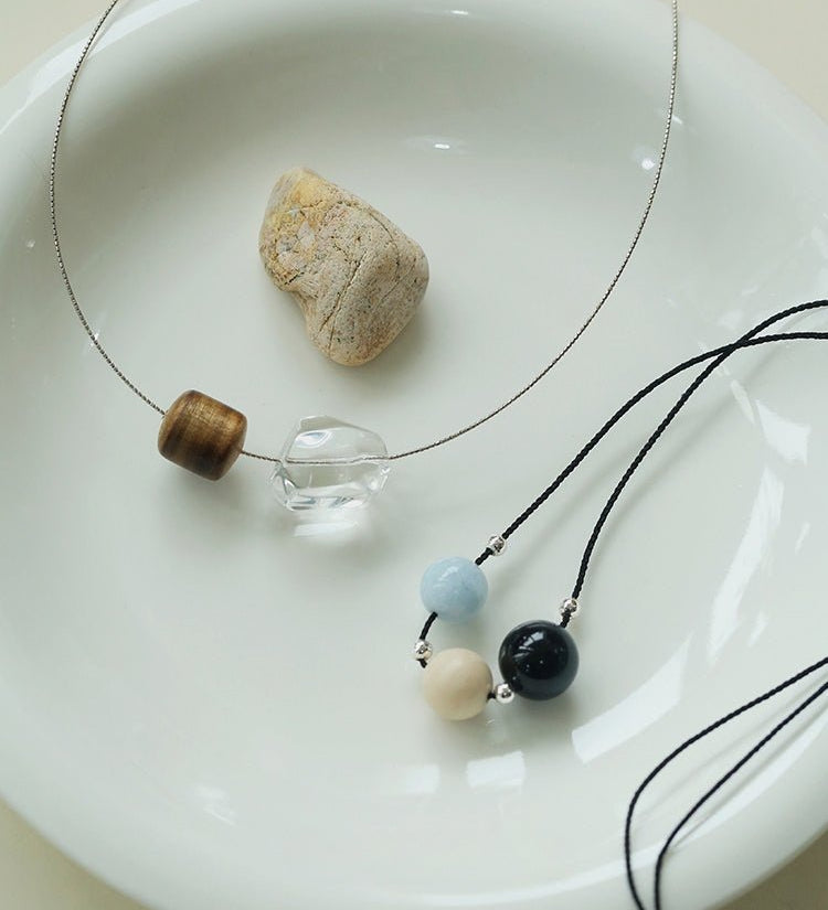Three - Bead Natural Stone Long Black Cord Sliding Necklace - floysun