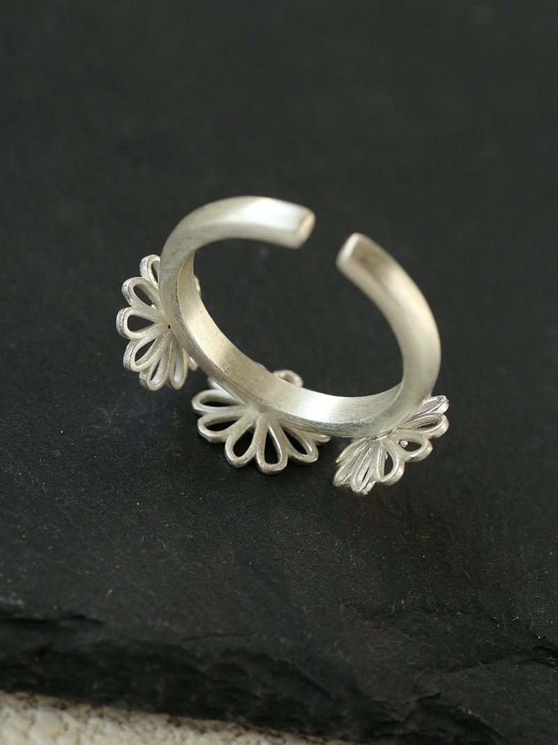 Three Flower CZ Open Ring | 925 Sterling Silver Adjustable Ring - floysun