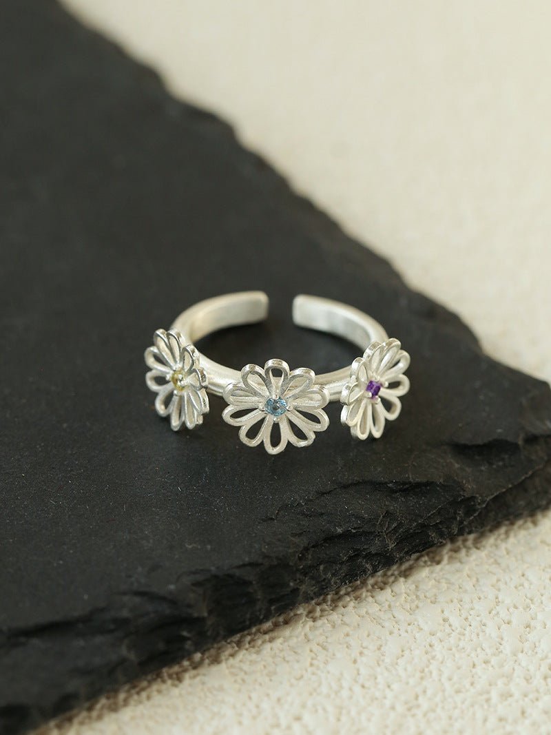 Three Flower CZ Open Ring | 925 Sterling Silver Adjustable Ring - floysun