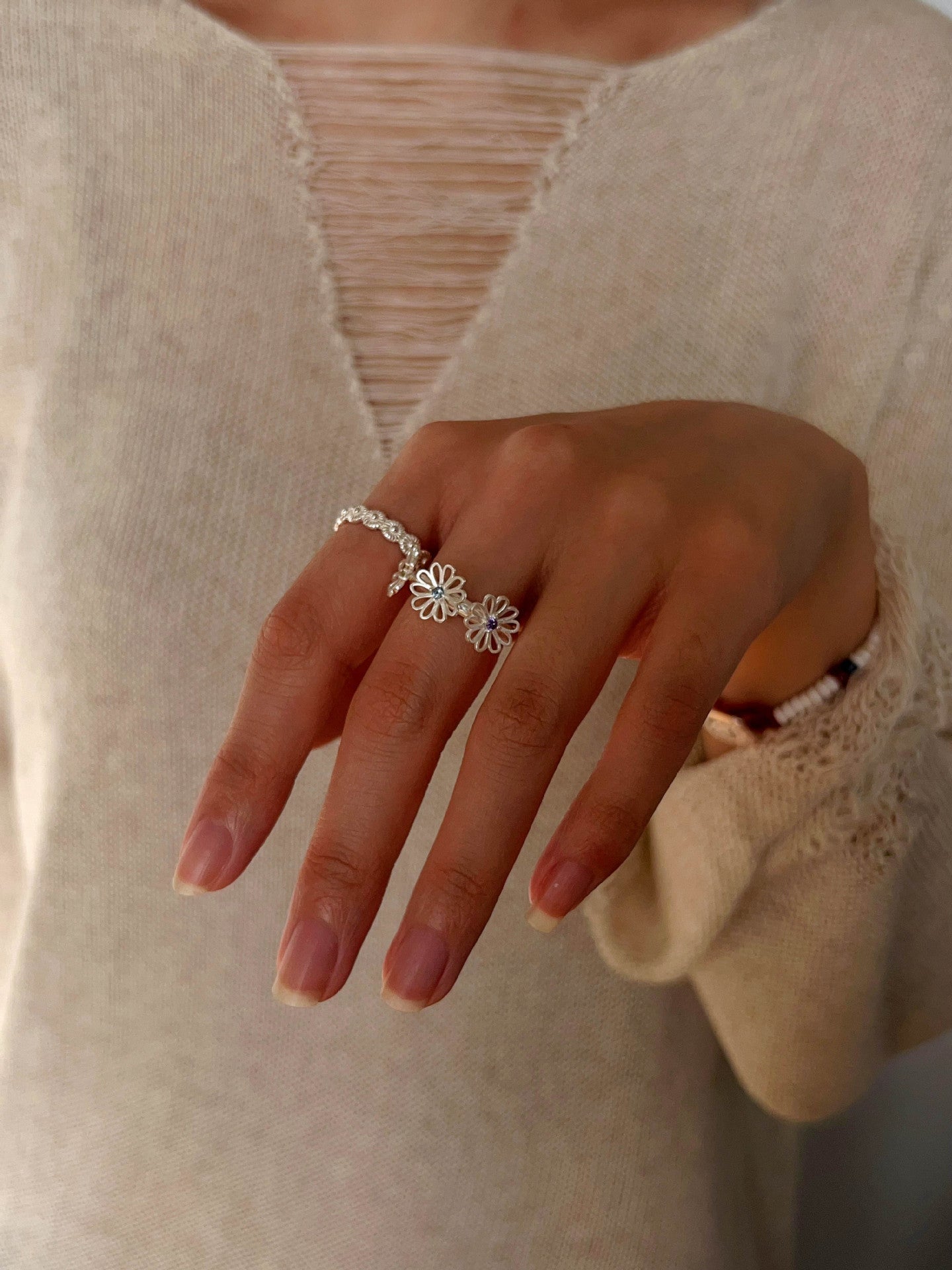 Three Flower CZ Open Ring | 925 Sterling Silver Adjustable Ring - floysun