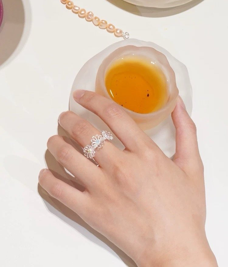 Three Flower CZ Open Ring | 925 Sterling Silver Adjustable Ring - floysun