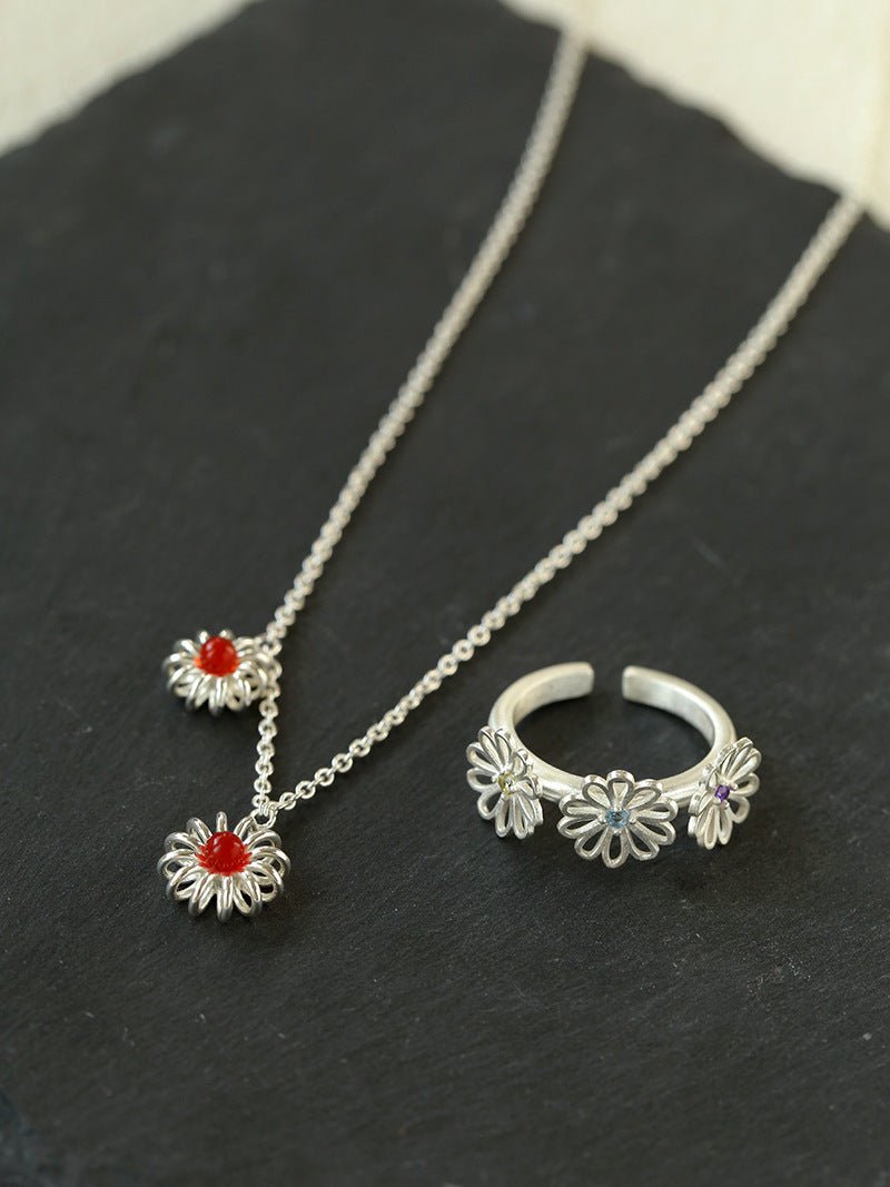 Three Flower CZ Open Ring | 925 Sterling Silver Adjustable Ring - floysun