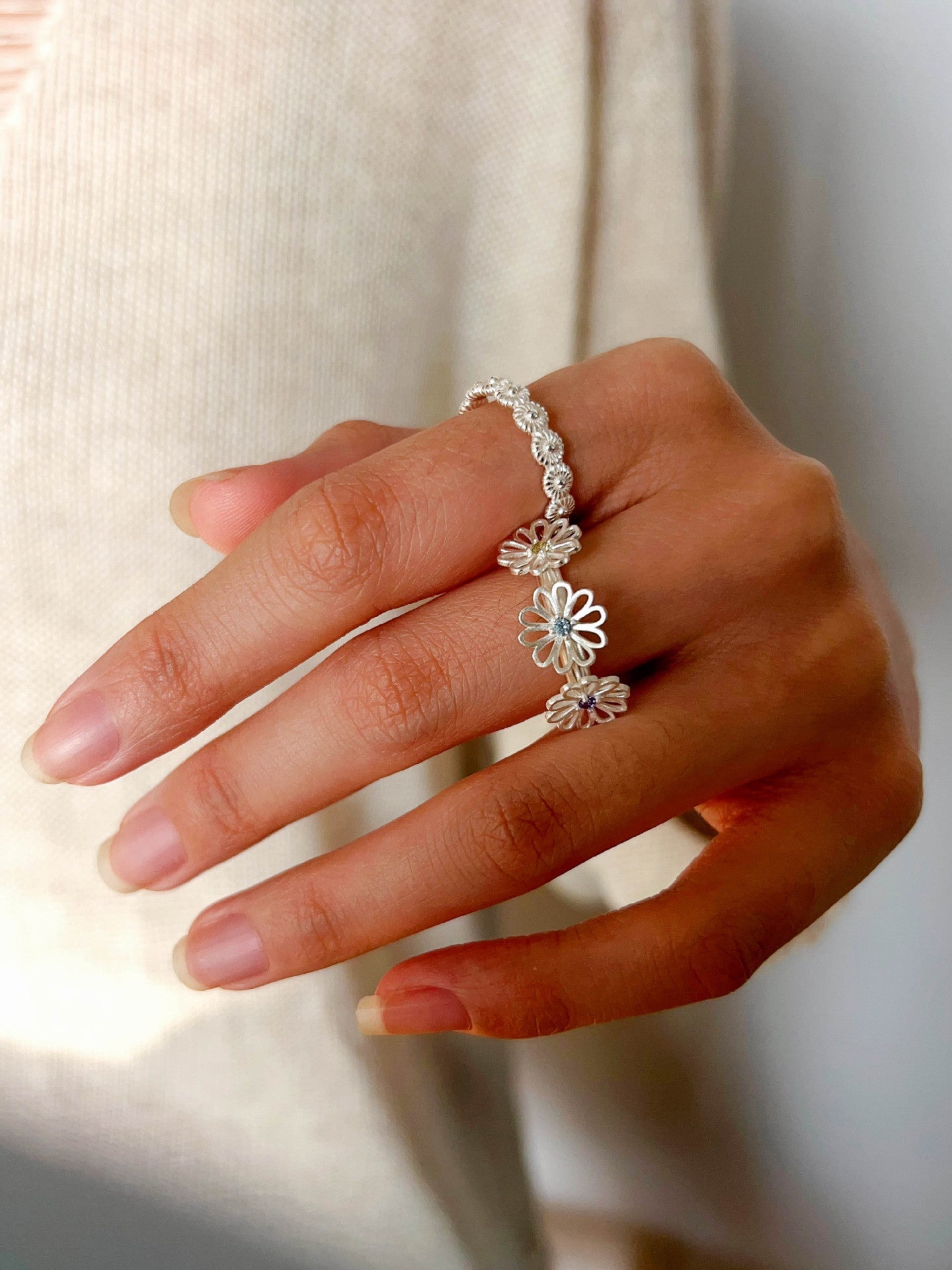 Three Flower CZ Open Ring | 925 Sterling Silver Adjustable Ring - floysun