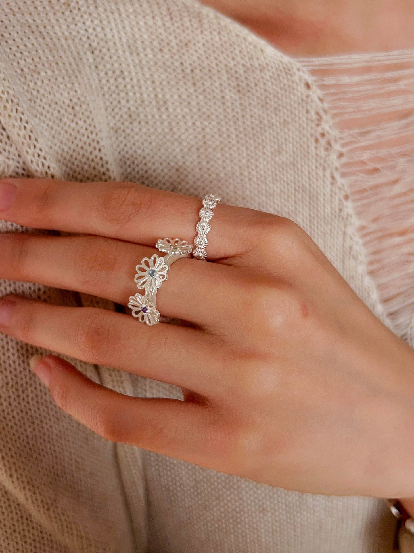 Three Flower CZ Open Ring | 925 Sterling Silver Adjustable Ring - floysun