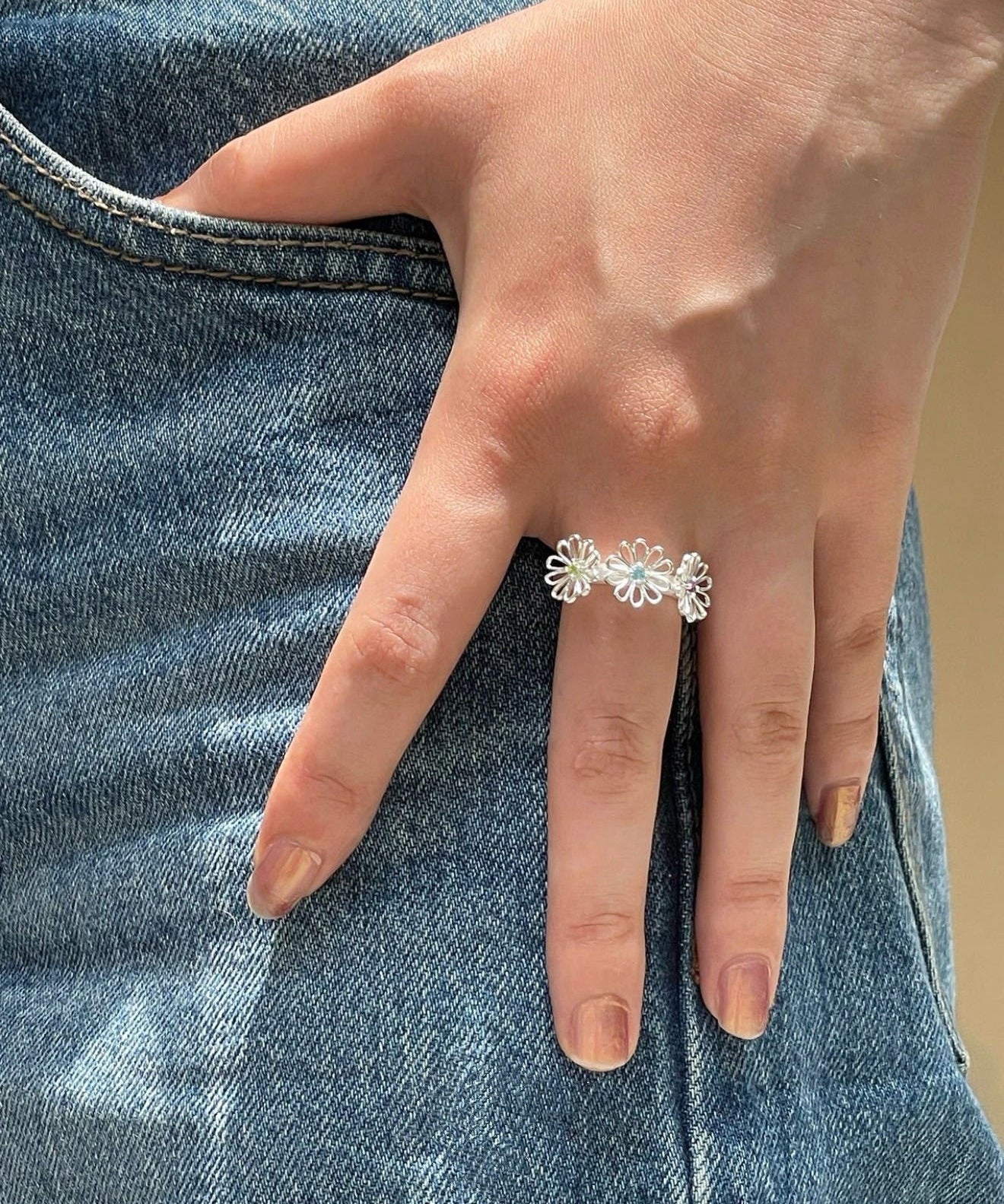 Three Flower CZ Open Ring | 925 Sterling Silver Adjustable Ring - floysun