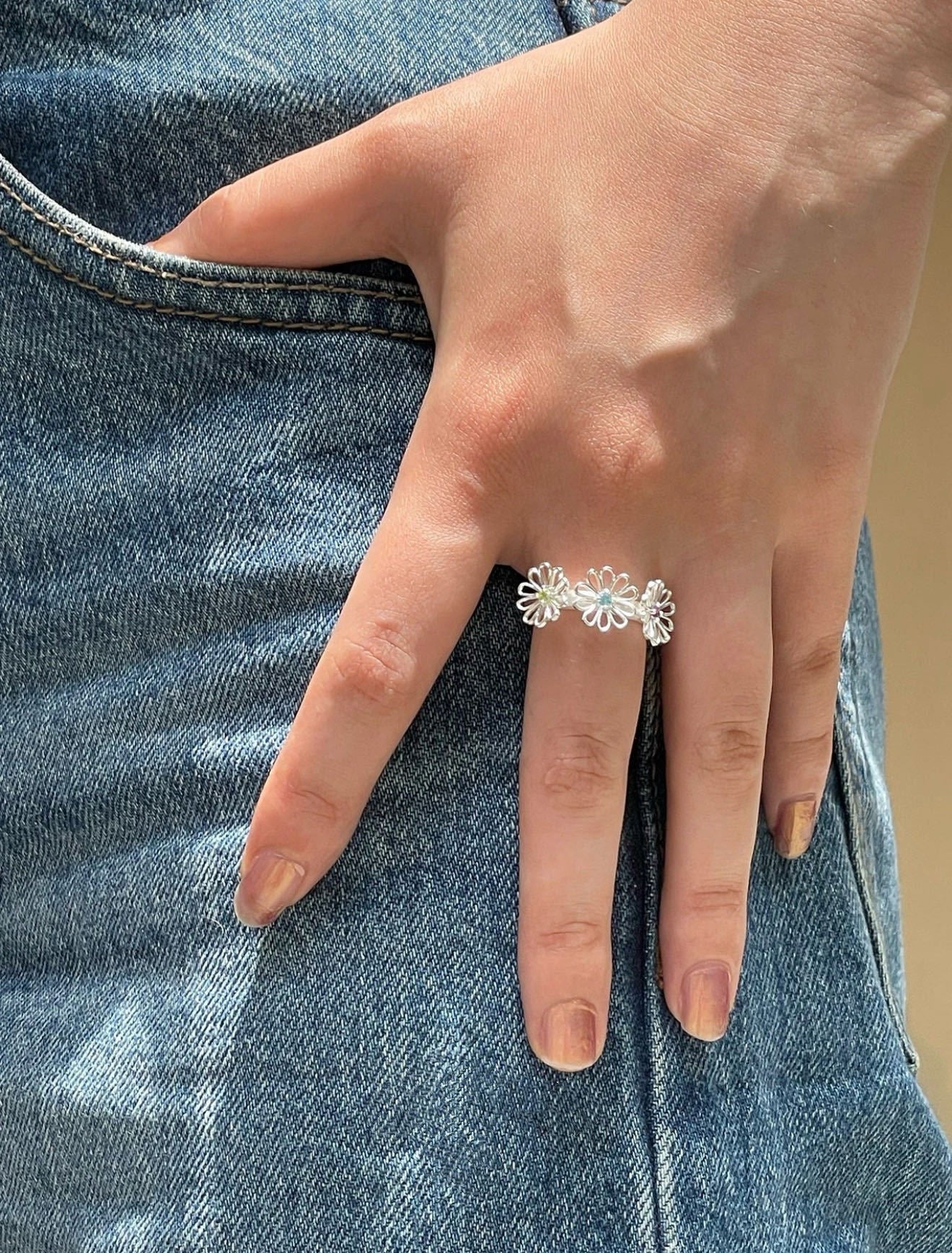 Three Flower CZ Open Ring | 925 Sterling Silver Adjustable Ring - floysun