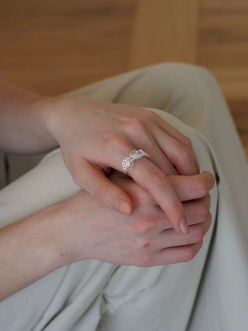 Three Flower CZ Open Ring | 925 Sterling Silver Adjustable Ring - floysun