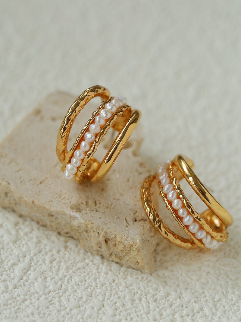 Three-Tier Hammered Gold C Hoop Earrings with Freshwater Pearls - floysun
