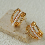 Three-Tier Hammered Gold C Hoop Earrings with Freshwater Pearls - floysun