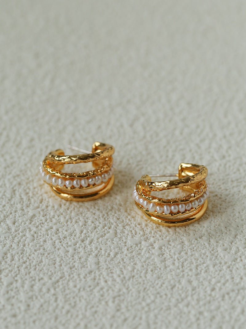 Three-Tier Hammered Gold C Hoop Earrings with Freshwater Pearls - floysun